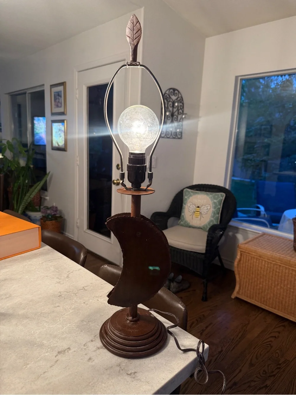 Rustic wrought iron metal industrial folk art Crescent Moon celestial table Lamp